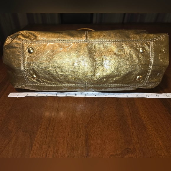 COACH 13926 Gold Metallic Patent Leather Satchel Bell Shaped Purse Handbag - Picture 11 of 16